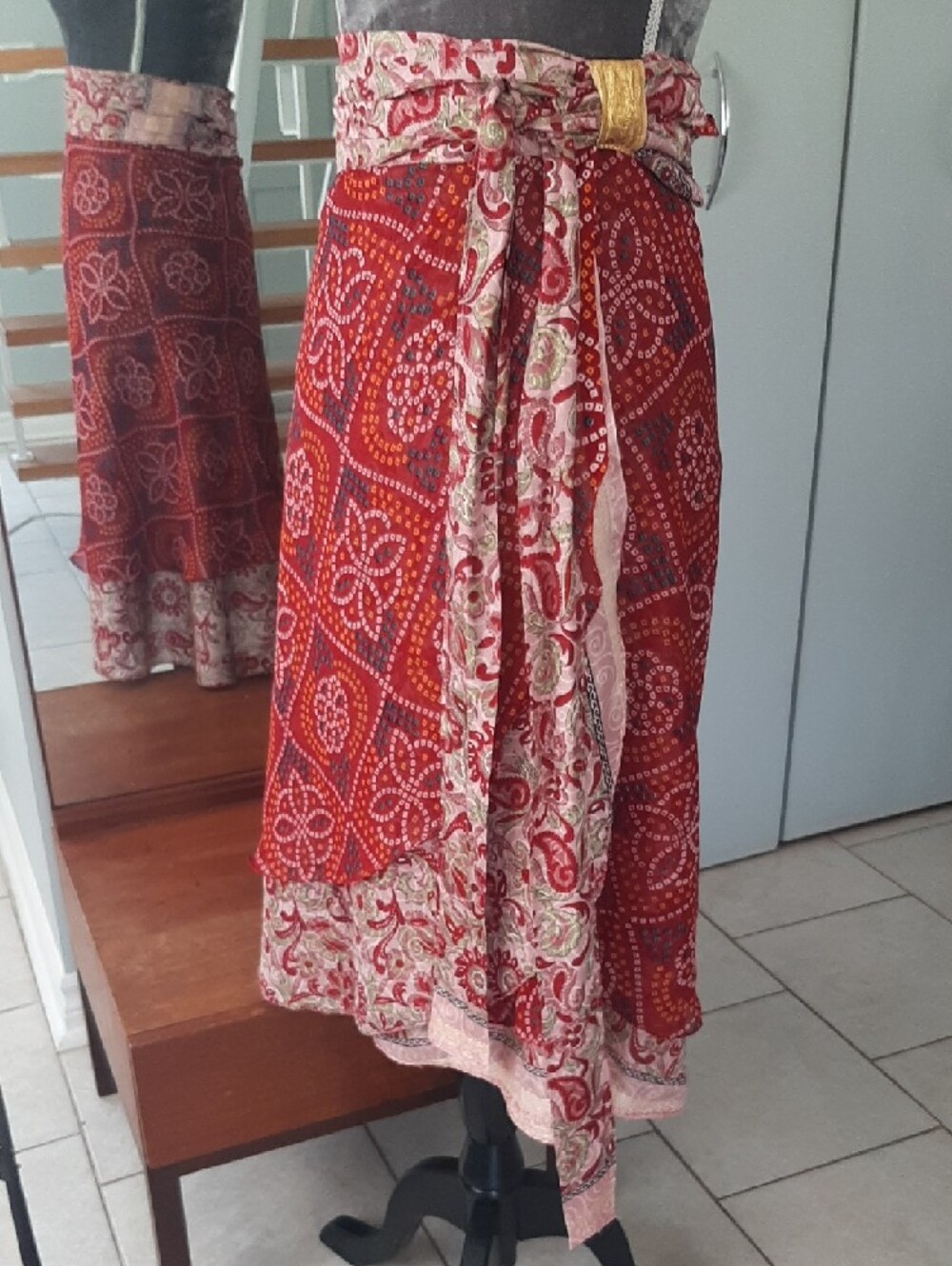 HANDMADE✌Boho WRAP Tie-Waist Midi Skirt MADE from SARI Fits Sz Small/Extra Lge - Picture 4 of 9